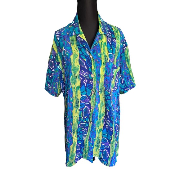 Casual Corner Tops - Casual Corner Vintage 90s 100% Silk Oversized Lagenlook Art to‎ Wear Shirt M